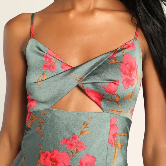 Fit for the Fete Sage Green Floral Satin Maxi Dress Lulus - Picture 2 of 2